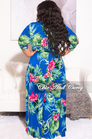 Final Sale Plus Size Faux Wrap Dress in Royal Blue Green and Fuchsia Floral Print