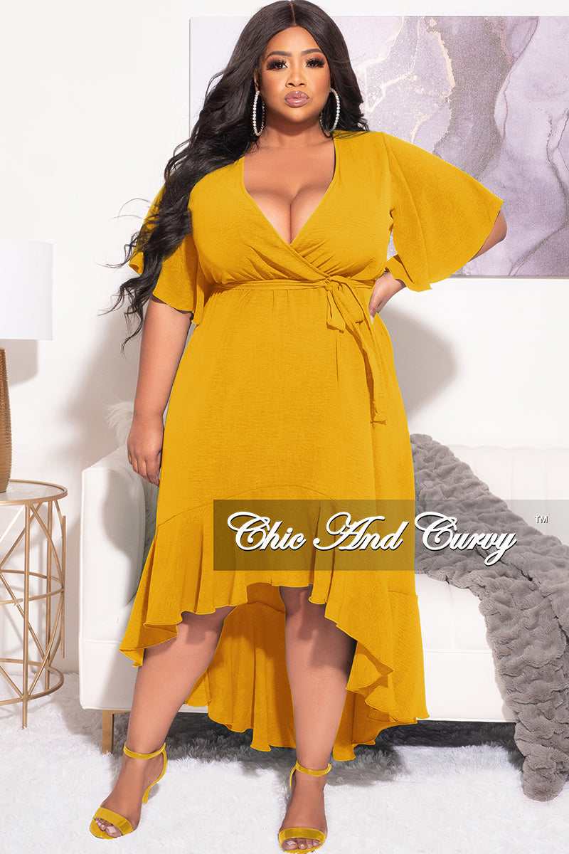 Sale Size Faux Wrap High-Low Dress with Waist in Mustar – Chic And Curvy