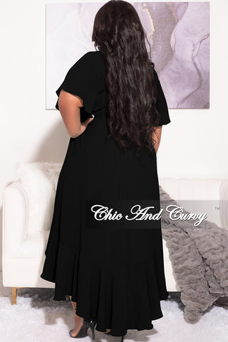 Final Sale Plus Size Faux Wrap High-Low Dress with Waist Tie in Black