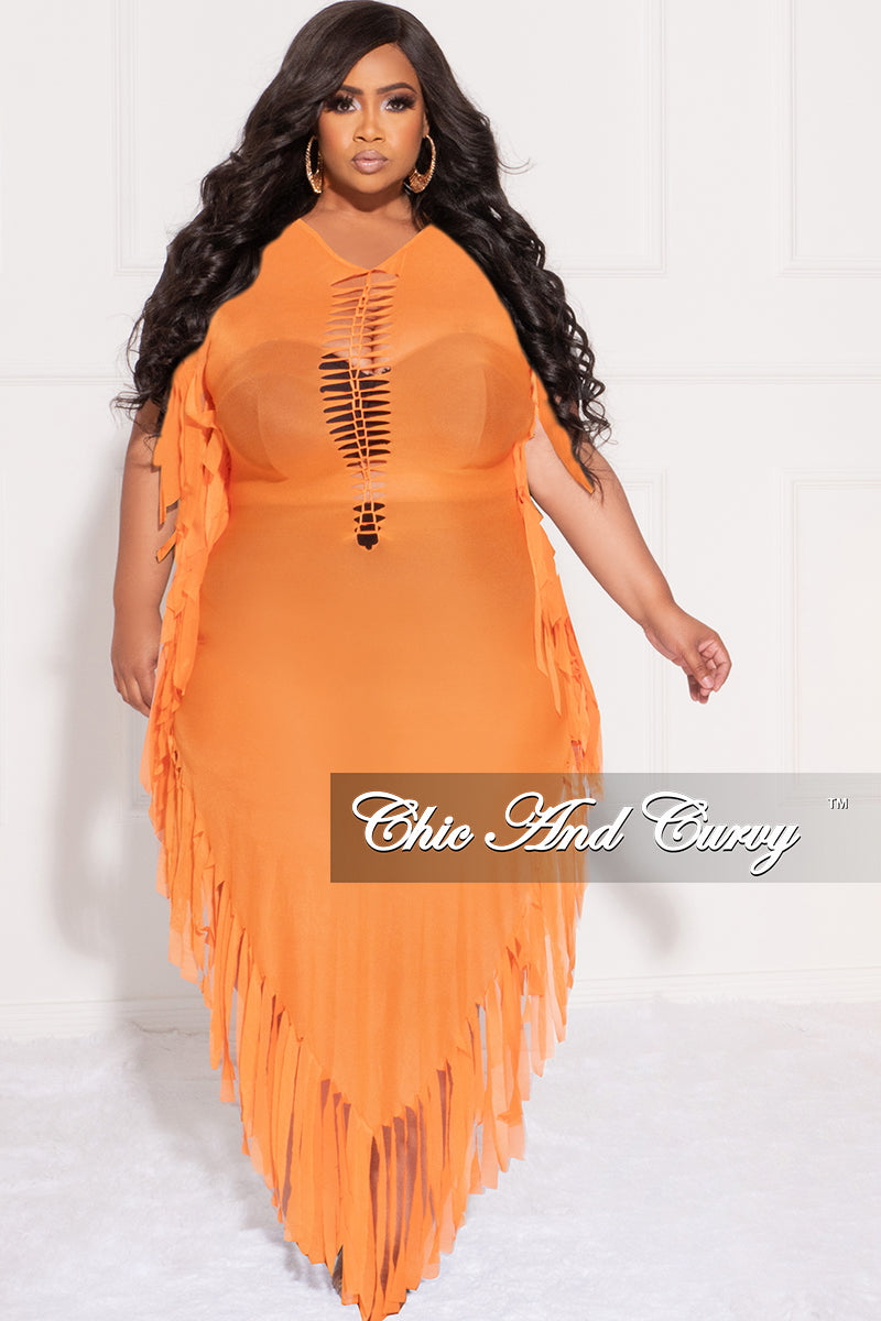 Final Sale Plus Size Mesh Cover-Up Dress with Cutout Front and Fringe Trim in Orange - 3x 22 Final Sale Plus Size Mesh Cover-Up Dress with Cutout Front and Fringe Trim in Orange - 3x 22