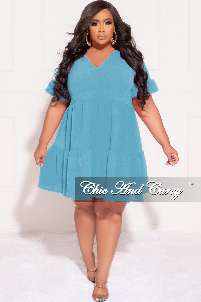 Final Sale Plus 3-Tiered Baby Doll Dress in Aqua – Chic And Curvy