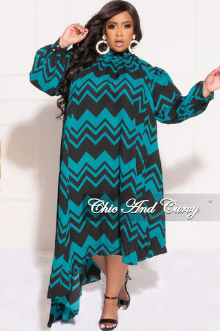 Final Sale Plus Size Sheer Asymmetrical Chiffon Dress in Dark Teal and Black Design Print