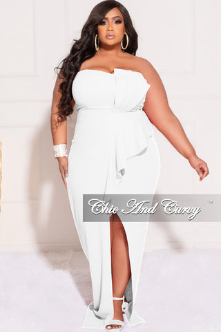 Final Sale Plus Size Strapless Pleated Ruffle Gown with Front Slit in Ivory