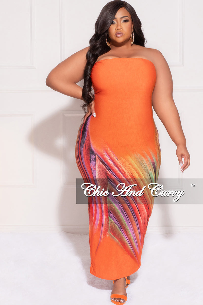 Final Sale Plus Size Strapless Tube BodyCon Dress in Orange Multi-Color Print