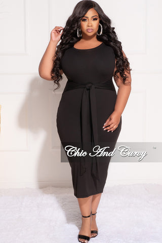 Final Sale Plus Size Light Ribbed Sleeves Shoulder Pad Midi Dress with Waist Tie in Black