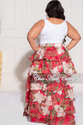 Final Sale Plus Size Chiffon High/Low Ruffle Tiered Skirt in Fuchsia Floral Print