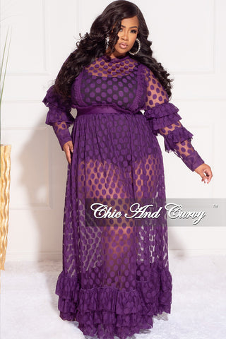 Final Sale Plus Size Polka Dot Sheer Maxi Dress with Ruffle Sleeves and Bottom in Purple
