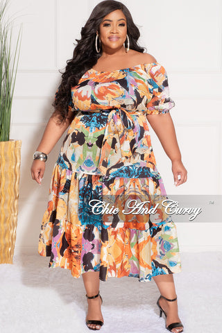 Final Sale Plus Size Off the Shoulder Dress with Waist Tie and Ruffle Bottom in Multi Color Print