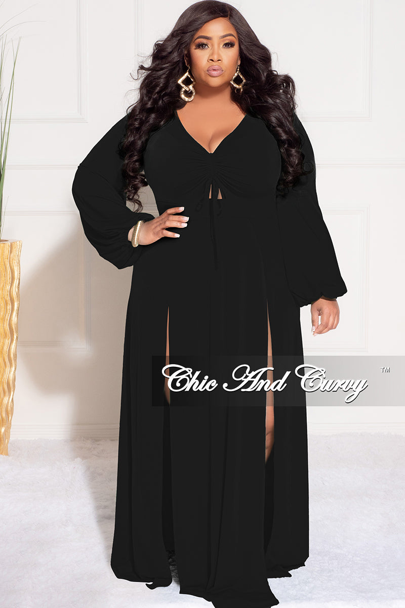 Final Sale Plus Size Ruched Maxi Dress with Double Slits in Black Chic And Curvy Final Sale Plus Size Ruched Maxi Dress with Double Slits in Black Chic And Curvy