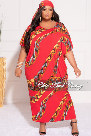 Final Sale Plus Size Oversize Dress with Matching Head Wrap in Red Chain Print