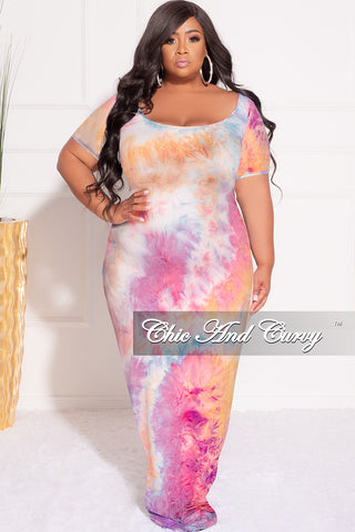 Final Sale Plus Size Short Sleeve Deep Scoop Neck Maxi Dress in Rainbow Sherbet Tie Dye