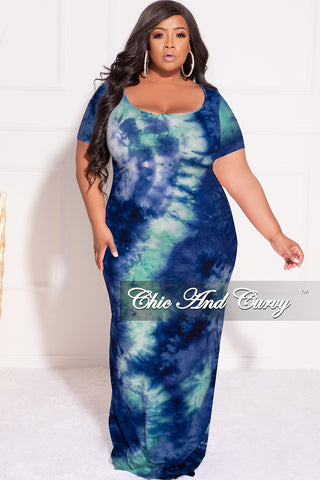 Final Sale Plus Size Short Sleeve Deep Scoop Neck Maxi Dress in Royal Blue & Aqua Tie Dye Print