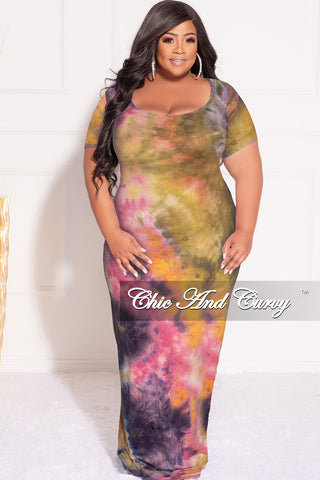 Final Sale Plus Size Short Sleeve Deep Scoop Neck Maxi Dress in Yellow and Pink Tie Dye