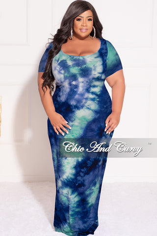 Final Sale Plus Size Short Sleeve Deep Scoop Neck Maxi Dress in Royal Blue & Aqua Tie Dye Print