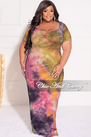 Final Sale Plus Size Short Sleeve Deep Scoop Neck Maxi Dress in Yellow and Pink Tie Dye