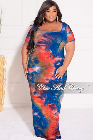 Final Sale Plus Size Short Sleeve Deep Scoop Neck Maxi Dress in Royal Blue, Red & Orange Tie Dye Print