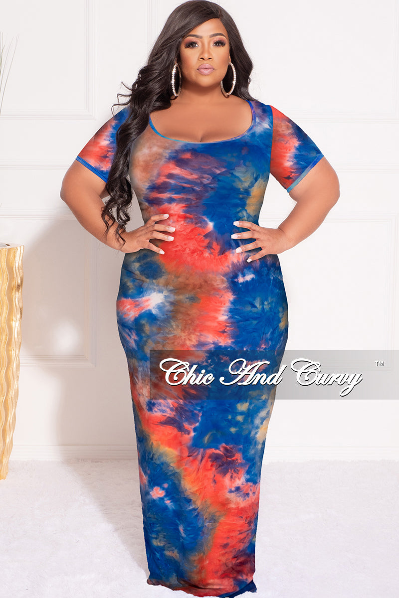 Final Sale Plus Size Short Sleeve Deep Scoop Neck Maxi Dress in Royal Blue, Red & Orange Tie Dye Print