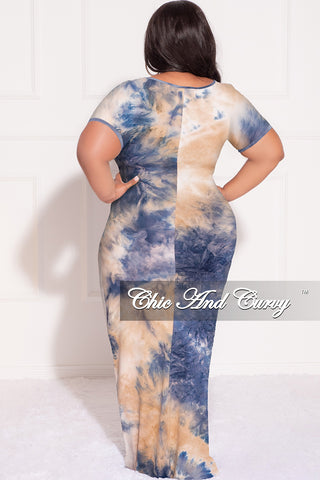 Final Sale Plus Size Short Sleeve Deep Scoop Neck Maxi Dress in Navy, Tan & Ivory Tie Dye Print