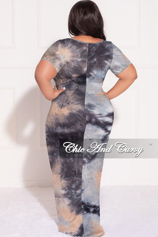 Final Sale Plus Size Short Sleeve Deep Scoop Neck Maxi Dress in Grey, Black and Tan Tie Dye Print