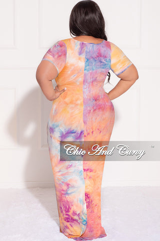 Final Sale Plus Size Short Sleeve Deep Scoop Neck Maxi Dress in Rainbow Sherbet Tie Dye