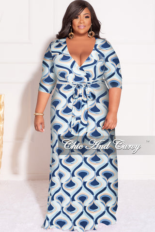 Final Sale Plus Size Faux Wrap Dress in Powder Blue and Navy Design Print
