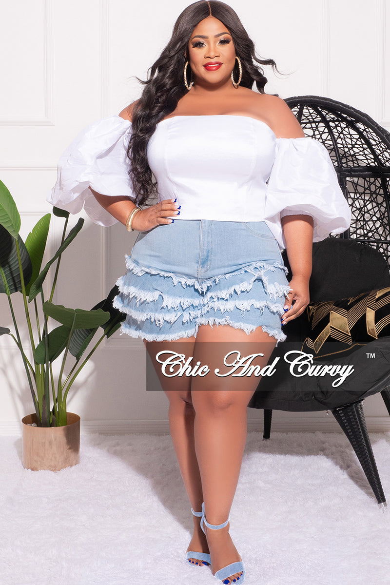 Final Sale Plus Size Ruffle Layered Frayed Shorts in Light Denim – Chic And  Curvy