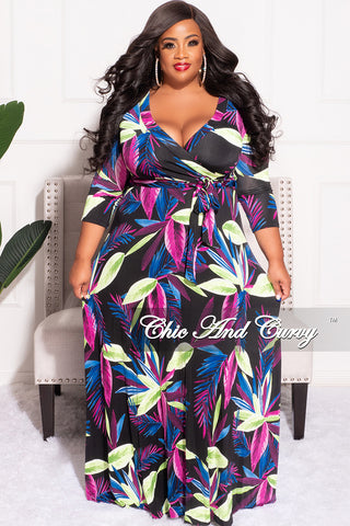 Final Sale Plus Size Deep V Faux Wrap Dress with 3/4 Sleeves in Black Purple Blue Green Floral Print