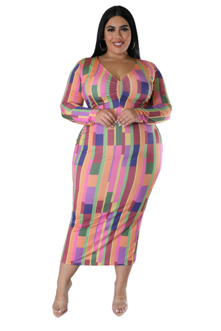 Final Sale Plus Size Long Sleeve Midi Dress with Back Slit in Multi Color Stripe Print