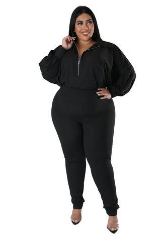 Final Sale Plus Size Collar Zip Up Jumpsuit in Black