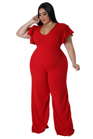 FinaL Sale Plus Size Ruffle Sleeve Jumpsuit in Red