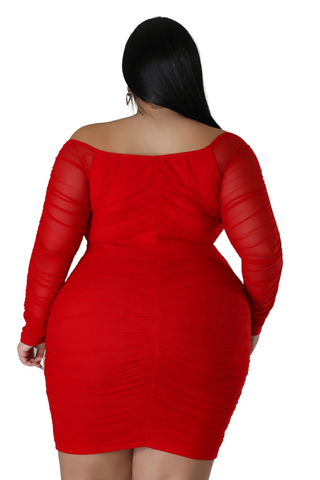 Final Sale Plus Size Ruched Off The Shoulder Mini Dress with Center Sash in Red Mesh
