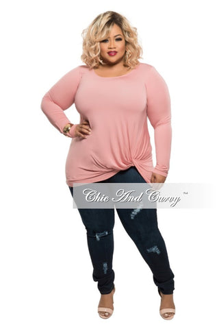 Final Sale Plus Size Long Sleeve Top with Knotted Front in Rose Pink