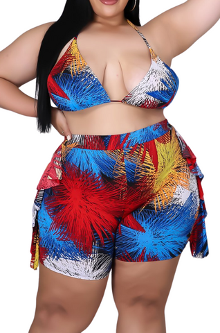 Final Sale Plus Size 2pc Poolside Playsuit (Bikini Top & High Waist Shorts) Set in Red Firework Print