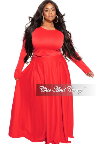Final Sale Plus Size 2pc Maxi Skirt Set with Round Neck in Red