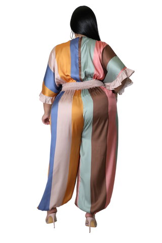 Final Sale Plus Size Satin Jumpsuit in Multi Color Stripe Print