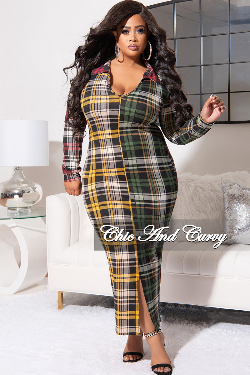 Collar Long Checkered Dress Final Sale Plus Size Collar Midi Dress