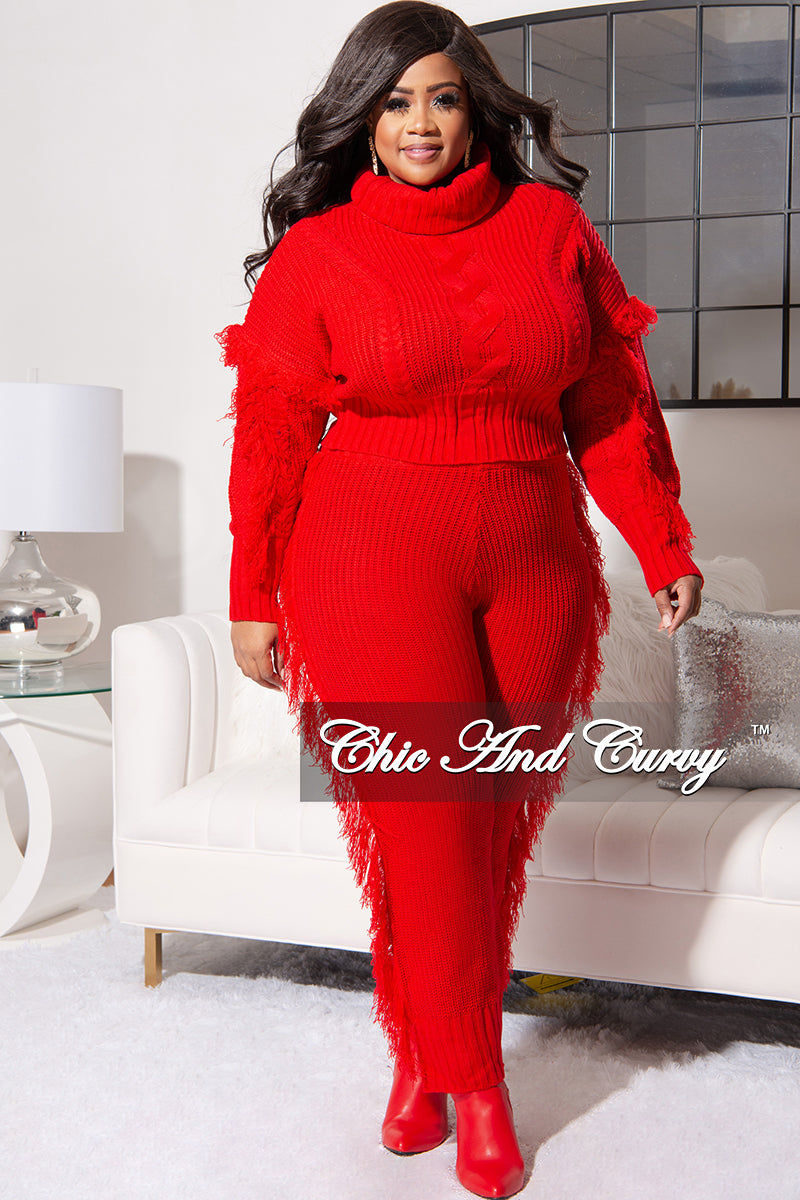 Final Sale Plus Size 2pc Fringe Sweater Pants Set in Red – Chic