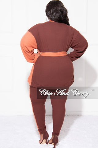 Final Sale Plus Size 2pc Ribbed kimono Top and Pants Set in Brown and Orange ColorBlock