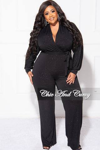 Final Sale Plus Size Faux Wrap Jumpsuit with Tie in Black Glitter