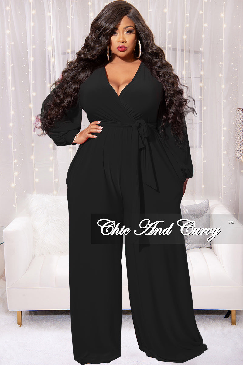 Wide Leg All Black Romper Plus Size Party Jumpsuit For Women