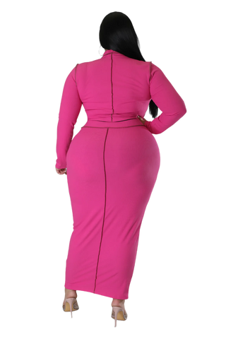 Final Sale Plus Size Ribbed 2pc Outer Sems Crop Front Knot Top and Pencil Skirt Set in Fuchsia