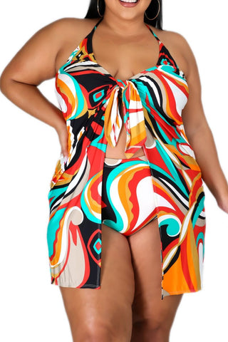 Final Sale Plus Size 3pc Poolside Playsuit (Bikini Top, Bottom & Skirt) Set in Multicolor Swirl Print