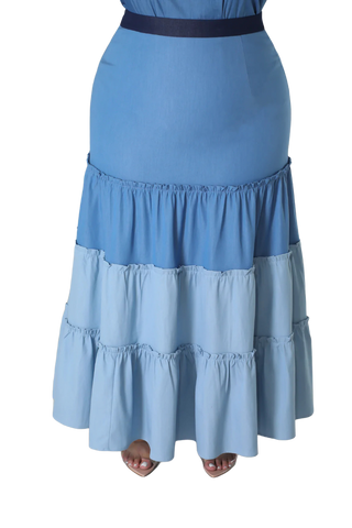 Final Sale Plus Size Two Toned Tiered Maxi Skirt in Denim Color