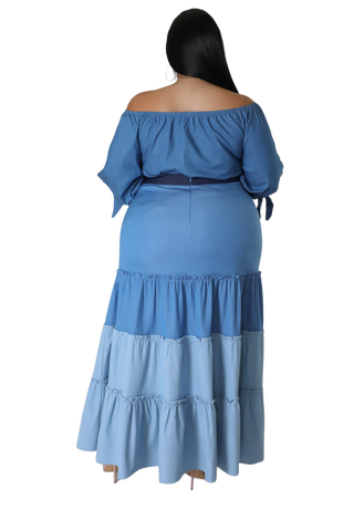 Final Sale Plus Size Two Toned Tiered Maxi Skirt in Denim Color