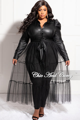 Final Sale Plus Size Faux Leather Collar Button Up Top with Sheer Bottom in Black