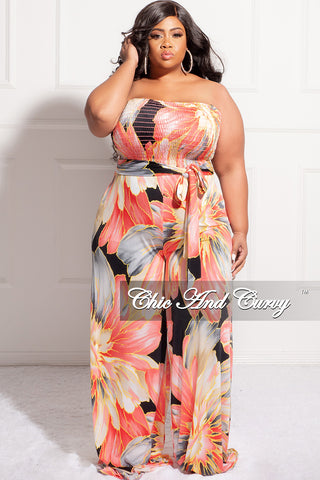 Final Sale Plus Size Strapless Jumpsuit with Waist Tie in Pink Floral Print