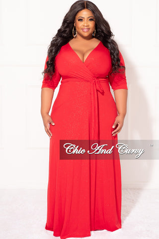 Final Sale Plus Size Faux Wrap Glitter Dress in Red