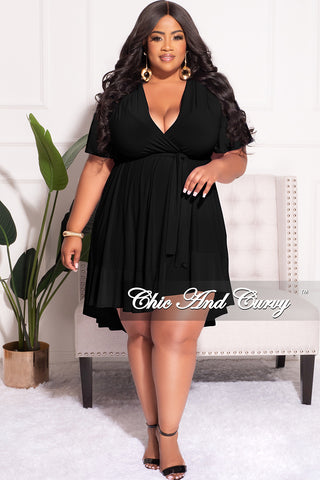 Final Sale Plus Size Faux Wrap Dress with Ruffle Bottom in Black