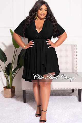 Final Sale Plus Size Faux Wrap Dress with Ruffle Bottom in Black