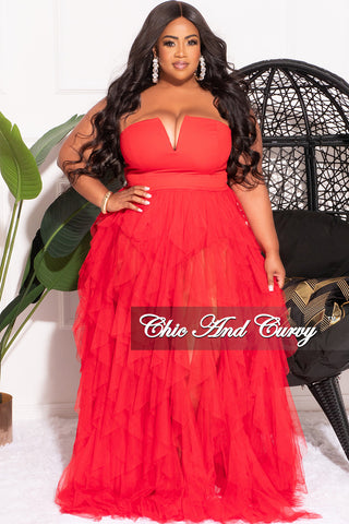 Final Sale Plus Size Strapless Deep V Maxi Tulle Dress with Slit in Red